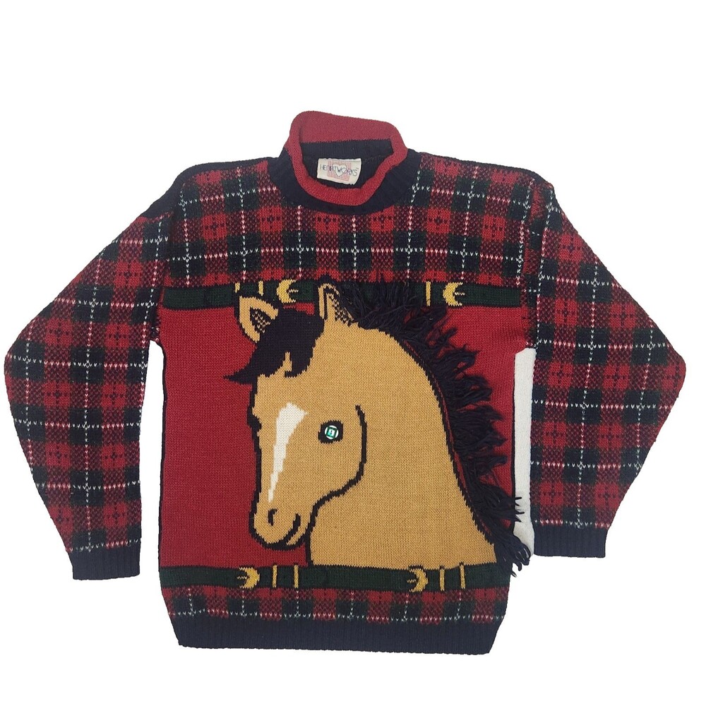 Vtg Heartworks Horse Sweater 3D Horse Yarn Horse Mane Plaid Medium 10-12 USA
